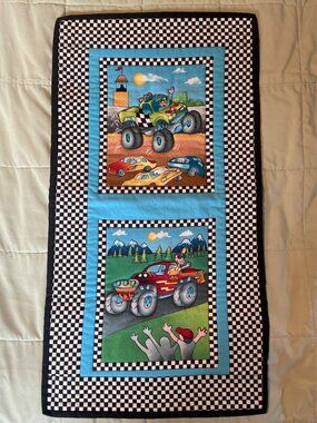 Monster Truck Kids Quilted Wall Hanging Checkered Border 14.5”x26.5”